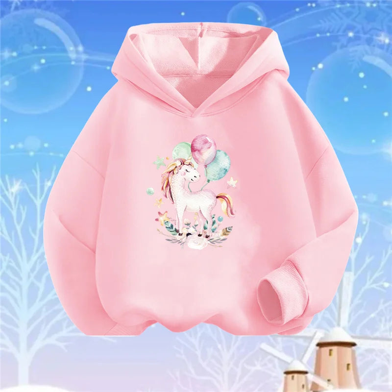 Kids Cartoon Hoodies Beauty Flower Unicorn Hoodey Sweatshirt Girls Fashion Harajuku Thin Basic Coat