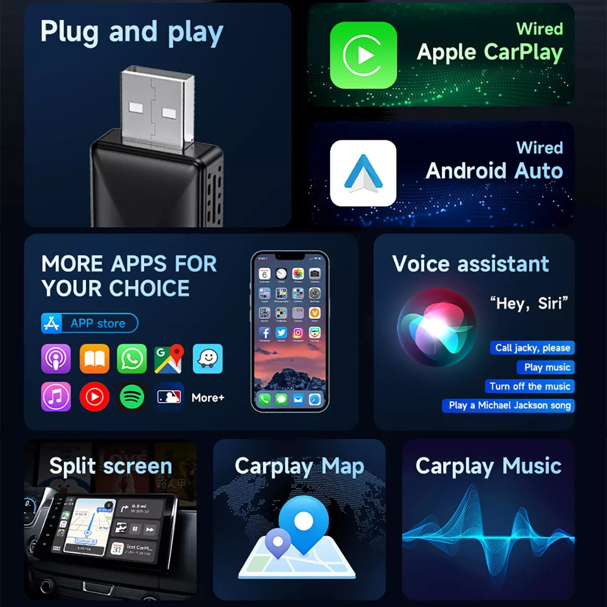 2 in 1 Wireless Carplay Adapter - Wireless Car Play Android Auto USB Car Dongle Connect Box Convert