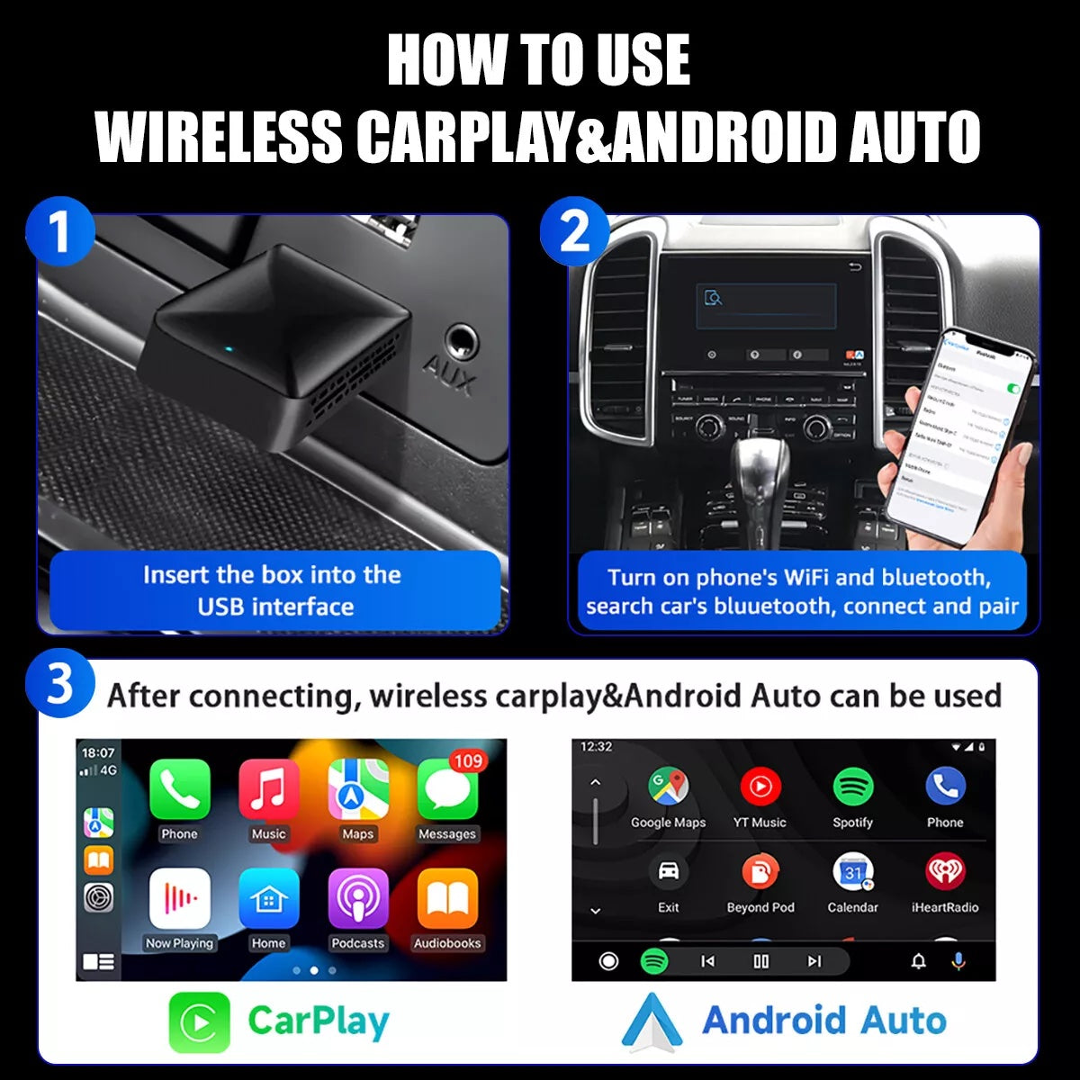 2 in 1 Wireless Carplay Adapter - Wireless Car Play Android Auto USB Car Dongle Connect Box Convert