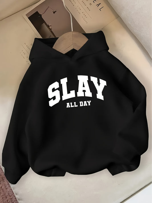 Girls' Pink "SLAY ALL DAY" Hoodie - Spring/Autumn Casual Long-Sleeve Pullover, White Bold Letter Print, Regular Fit Comfortable Style, Lightweight Versatile Hooded Sweatshirt for Girls, Spring Outfit, Autumn Fashion, Trendy D