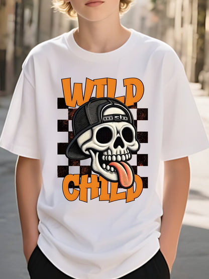 Boys' Skull Graphic T-Shirt - Breathable Moisture-Wicking Soft Polyester, Lightweight Round Neck Short Sleeve Tee for Summer Play, Outdoor Sports & Casual Wear - Machine Washable Regular Fit for Youngsters to Teens, Halloween