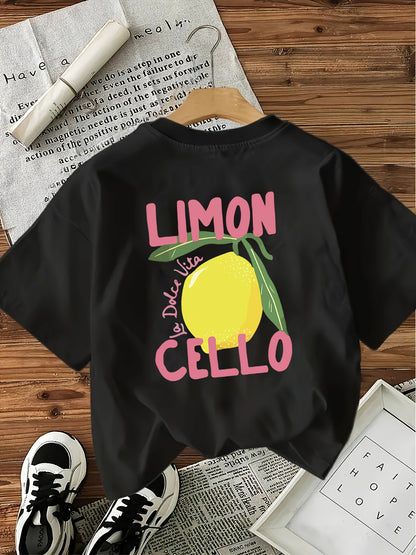 Boys & Girls Lemon Graphic T-Shirt - "I Love Lemons" Print, Soft Polyester Knit Fabric, Slight Stretch, Ribbed Detail, Regular Fit, Short Sleeve, Round Neck, Summer Casual Top for Kids 12+ Years, Fun & Comfortable Design, Cut
