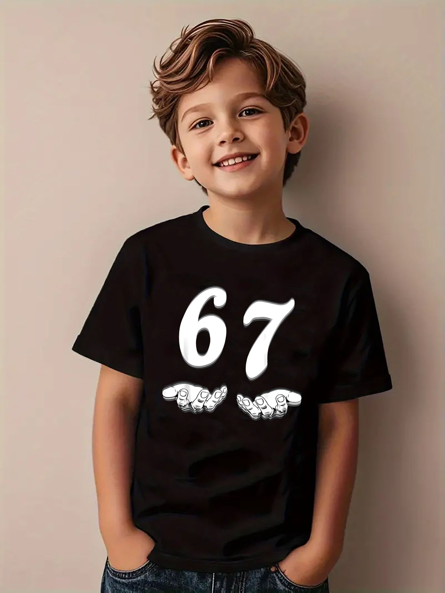 Boys' 67 Number & Hand Gesture Print T-Shirt - White 67 Number 7 & 6 Digits with Hand Symbols, Soft Stretch Knit Round Neck Casual Top for Spring Summer Fall, Math-Themed Outfit for Kids (Machine Washable)