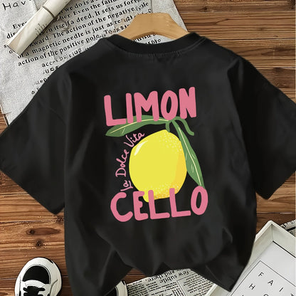 Boys & Girls Lemon Graphic T-Shirt - "I Love Lemons" Print, Soft Polyester Knit Fabric, Slight Stretch, Ribbed Detail, Regular Fit, Short Sleeve, Round Neck, Summer Casual Top for Kids 12+ Years, Fun & Comfortable Design, Cut