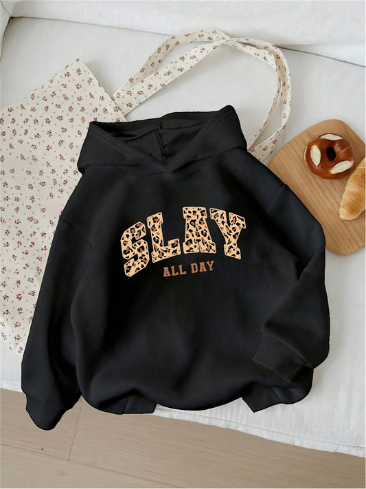 Girls' Oversized Black Hoodie with White SLAY ALL DAY Print - Thick Winter Warmth Sweatshirt, Loose Fit Casual Hooded Sweater for, Playdates & Casual Attire, Machine Washable ' Clothing
