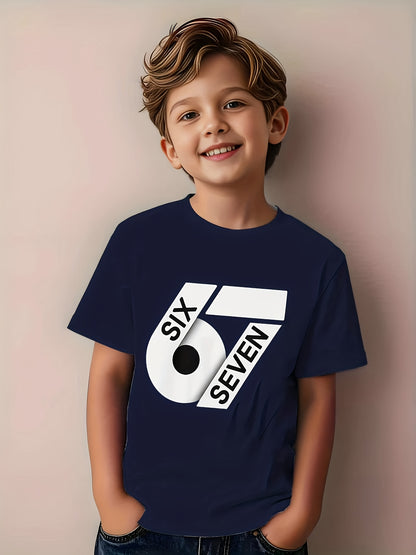 ' White 67 Number Print T-Shirt - Short Sleeve Round Neck Casual Summer Top with Black '67' Chest Number, Machine Washable Shirt, & Casual Attire - Age 4-12 Years (Regular Fit)