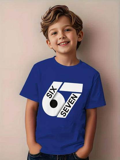 ' White 67 Number Print T-Shirt - Short Sleeve Round Neck Casual Summer Top with Black '67' Chest Number, Machine Washable Shirt, & Casual Attire - Age 4-12 Years (Regular Fit)