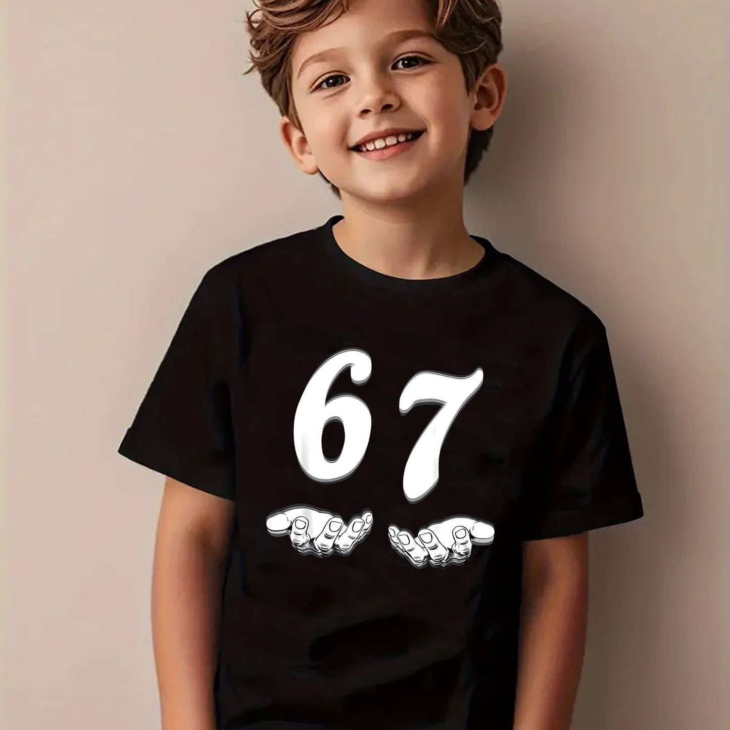 Boys' 67 Number & Hand Gesture Print T-Shirt - White 67 Number 7 & 6 Digits with Hand Symbols, Soft Stretch Knit Round Neck Casual Top for Spring Summer Fall, Math-Themed Outfit for Kids (Machine Washable)