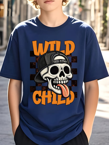 Boys' Skull Graphic T-Shirt - Breathable Moisture-Wicking Soft Polyester, Lightweight Round Neck Short Sleeve Tee for Summer Play, Outdoor Sports & Casual Wear - Machine Washable Regular Fit for Youngsters to Teens, Halloween