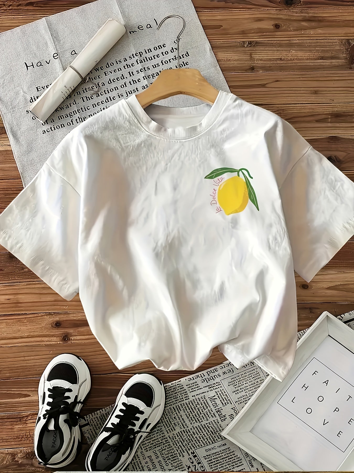 Boys & Girls Lemon Graphic T-Shirt - "I Love Lemons" Print, Soft Polyester Knit Fabric, Slight Stretch, Ribbed Detail, Regular Fit, Short Sleeve, Round Neck, Summer Casual Top for Kids 12+ Years, Fun & Comfortable Design, Cut