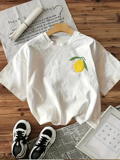 Boys & Girls Lemon Graphic T-Shirt - "I Love Lemons" Print, Soft Polyester Knit Fabric, Slight Stretch, Ribbed Detail, Regular Fit, Short Sleeve, Round Neck, Summer Casual Top for Kids 12+ Years, Fun & Comfortable Design, Cut