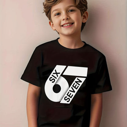 ' White 67 Number Print T-Shirt - Short Sleeve Round Neck Casual Summer Top with Black '67' Chest Number, Machine Washable Shirt, & Casual Attire - Age 4-12 Years (Regular Fit)