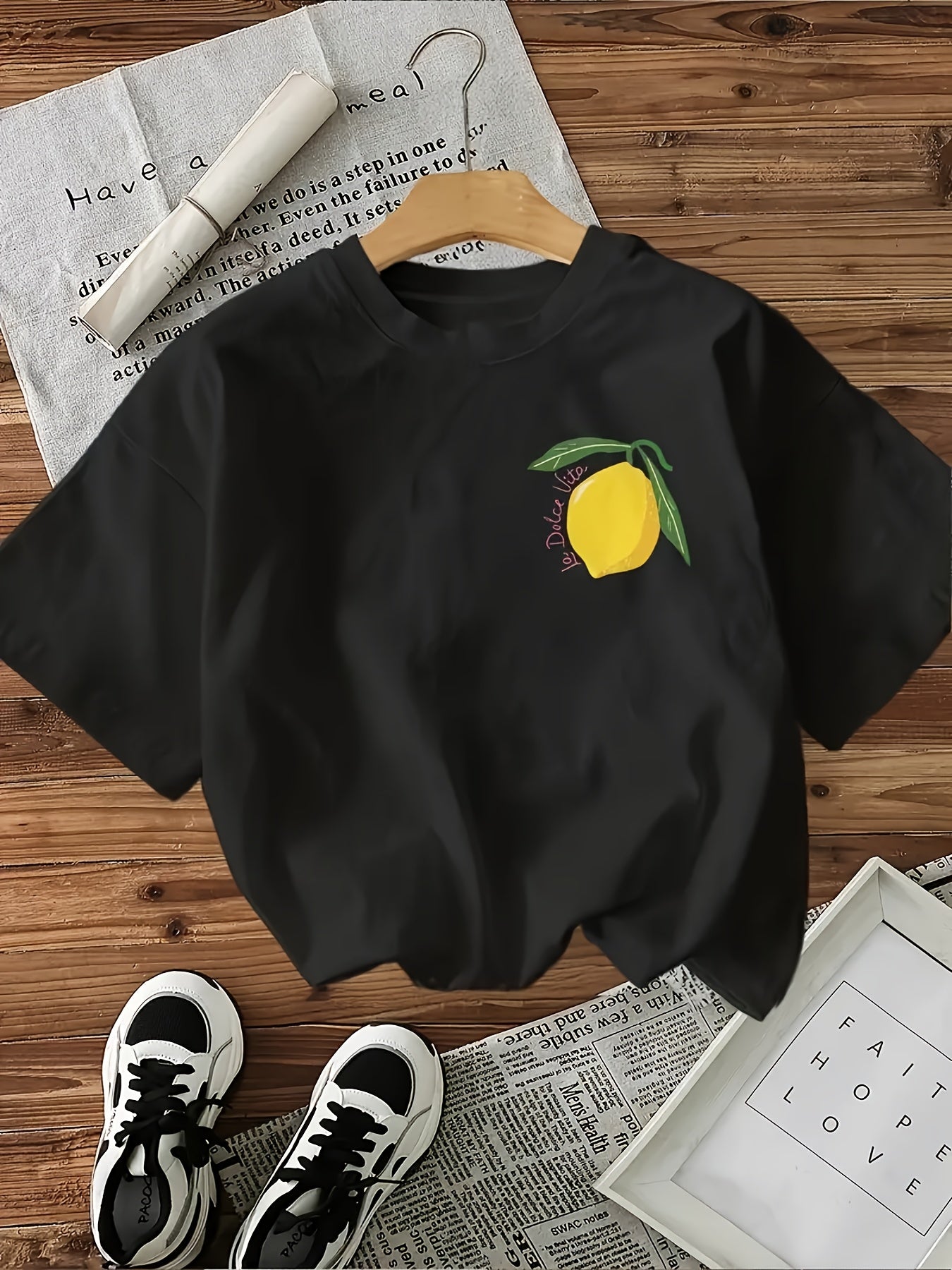 Boys & Girls Lemon Graphic T-Shirt - "I Love Lemons" Print, Soft Polyester Knit Fabric, Slight Stretch, Ribbed Detail, Regular Fit, Short Sleeve, Round Neck, Summer Casual Top for Kids 12+ Years, Fun & Comfortable Design, Cut