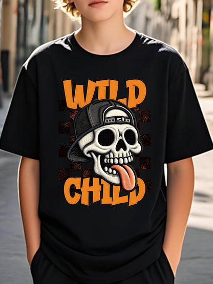 Boys' Skull Graphic T-Shirt - Breathable Moisture-Wicking Soft Polyester, Lightweight Round Neck Short Sleeve Tee for Summer Play, Outdoor Sports & Casual Wear - Machine Washable Regular Fit for Youngsters to Teens, Halloween