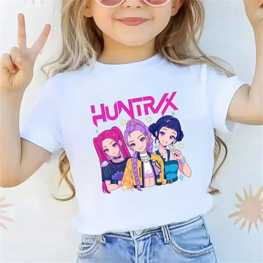 2025 new children's cotton Korean Wave demon hunter printed fashion casual round-neck top movie cartoon girl boy T-shirt