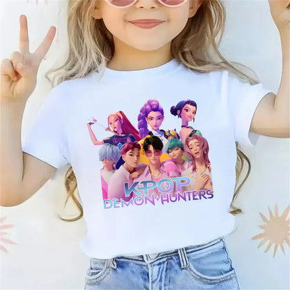 2025 new children's cotton Korean Wave demon hunter printed fashion casual round-neck top movie cartoon girl boy T-shirt
