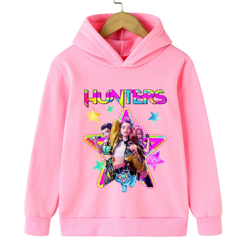 Kids Hoodie with Cartoon Hunters Print - Black Long Sleeve Pullover for Children