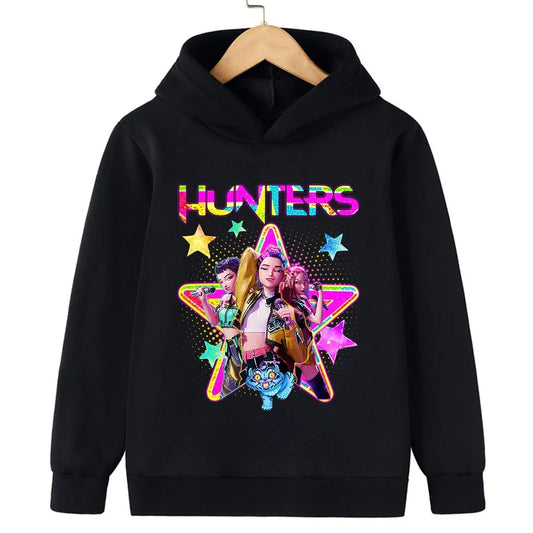 Kids Hoodie with Cartoon Hunters Print - Black Long Sleeve Pullover for Children