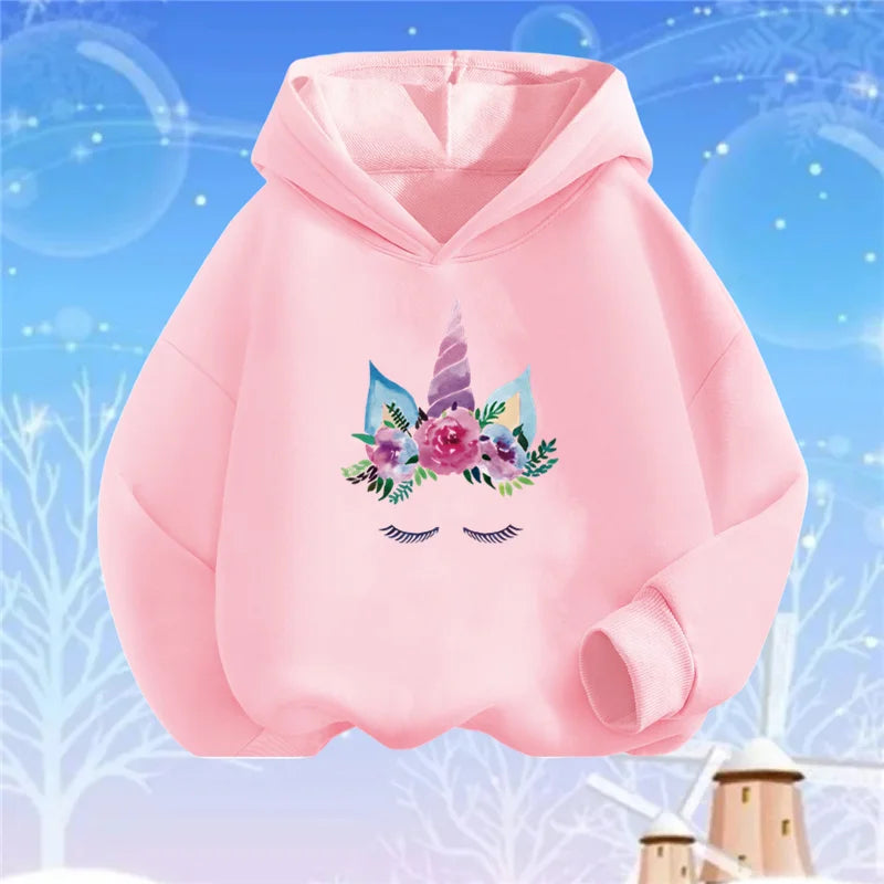 Kids Cartoon Hoodies Beauty Flower Unicorn Hoodey Sweatshirt Girls Fashion Harajuku Thin Basic Coat