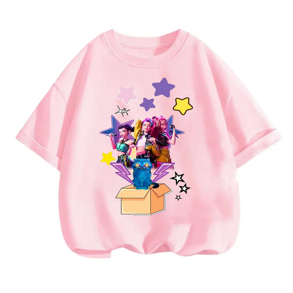 2025 new children's cotton Korean Wave demon hunter printed fashion casual round-neck top movie cartoon girl boy T-shirt