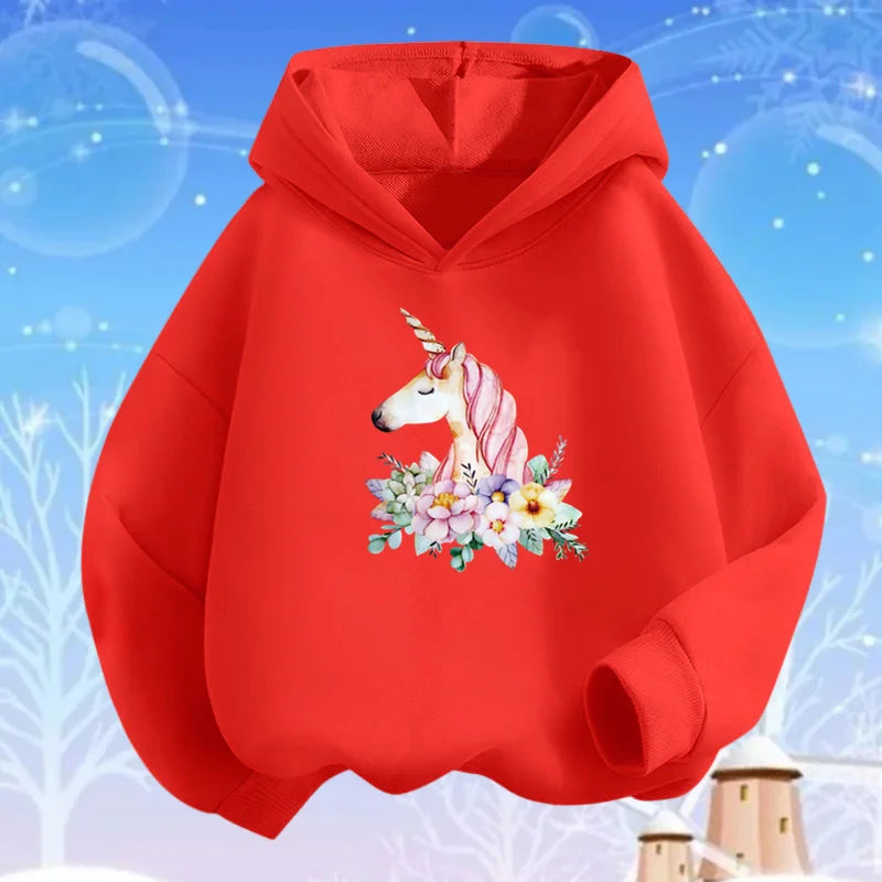 Kids Cartoon Hoodies Beauty Flower Unicorn Hoodey Sweatshirt Girls Fashion Harajuku Thin Basic Coat
