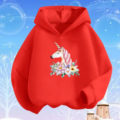Kids Cartoon Hoodies Beauty Flower Unicorn Hoodey Sweatshirt Girls Fashion Harajuku Thin Basic Coat