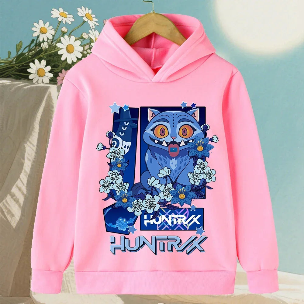 Kids Hoodie with Cartoon Hunters Print - Black Long Sleeve Pullover for Children
