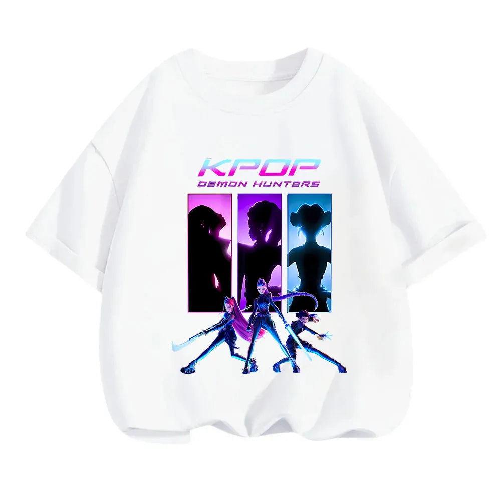 2025 new children's cotton Korean Wave demon hunter printed fashion casual round-neck top movie cartoon girl boy T-shirt