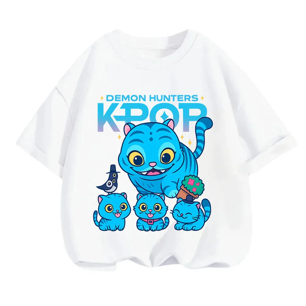 2025 new children's cotton Korean Wave demon hunter printed fashion casual round-neck top movie cartoon girl boy T-shirt