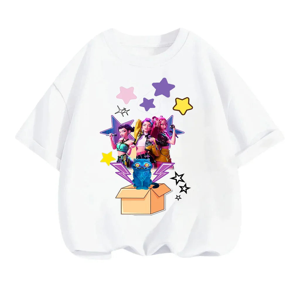 2025 new children's cotton Korean Wave demon hunter printed fashion casual round-neck top movie cartoon girl boy T-shirt