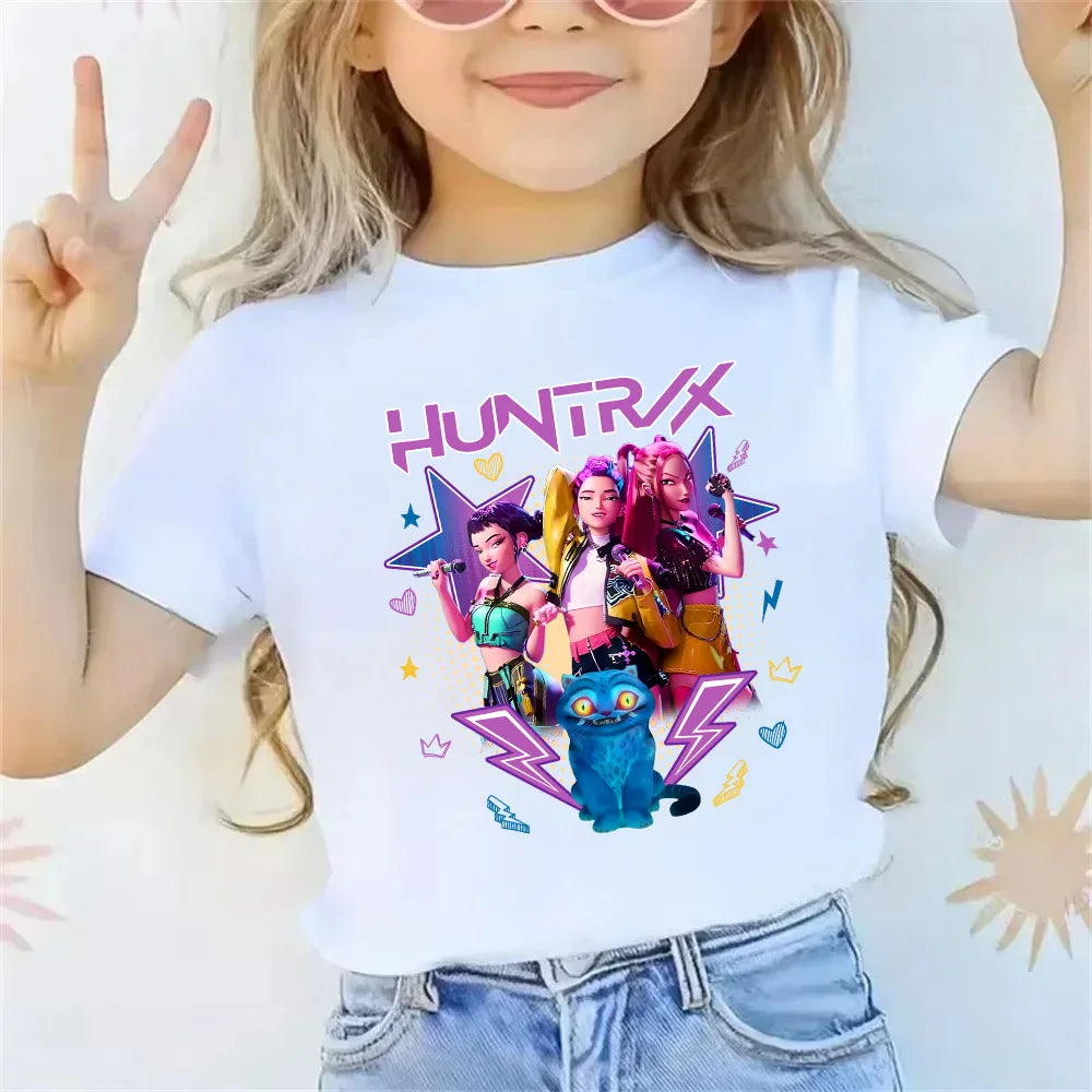 2025 new children's cotton Korean Wave demon hunter printed fashion casual round-neck top movie cartoon girl boy T-shirt