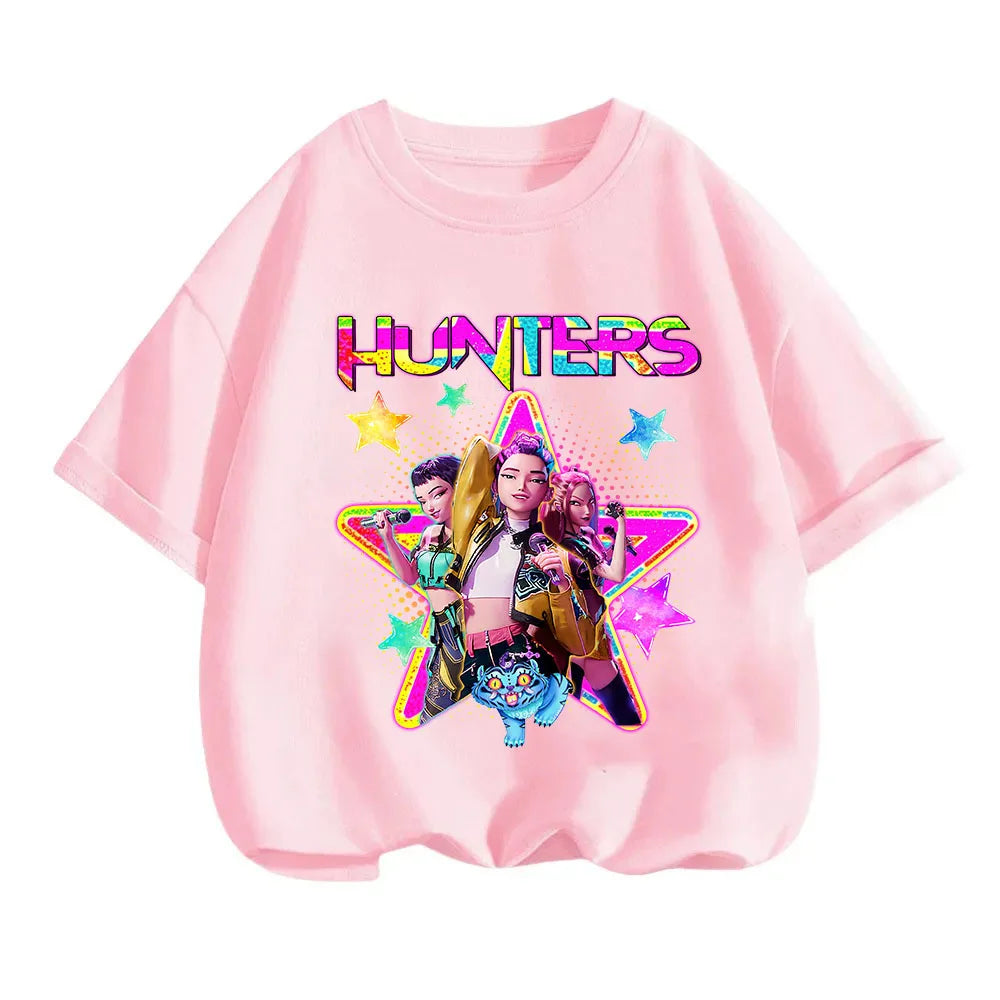 2025 new children's cotton Korean Wave demon hunter printed fashion casual round-neck top movie cartoon girl boy T-shirt