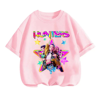 2025 new children's cotton Korean Wave demon hunter printed fashion casual round-neck top movie cartoon girl boy T-shirt