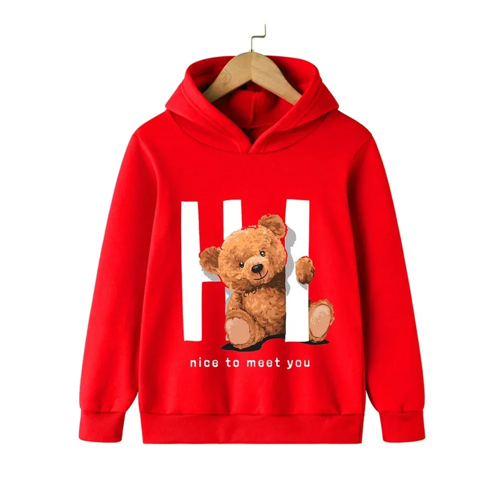 Autumn Winter Children Hoodies Kawaii Hi Teddy Bear Print Girls Boys Baby Clothes Casual Fashion Kids Sweatshirt Pullovers Tops