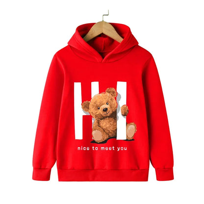 Autumn Winter Children Hoodies Kawaii Hi Teddy Bear Print Girls Boys Baby Clothes Casual Fashion Kids Sweatshirt Pullovers Tops