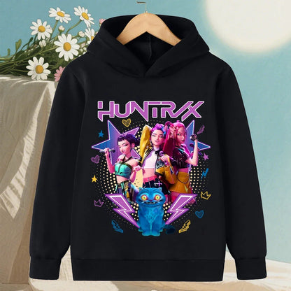 Kids Hoodie with Cartoon Hunters Print - Black Long Sleeve Pullover for Children