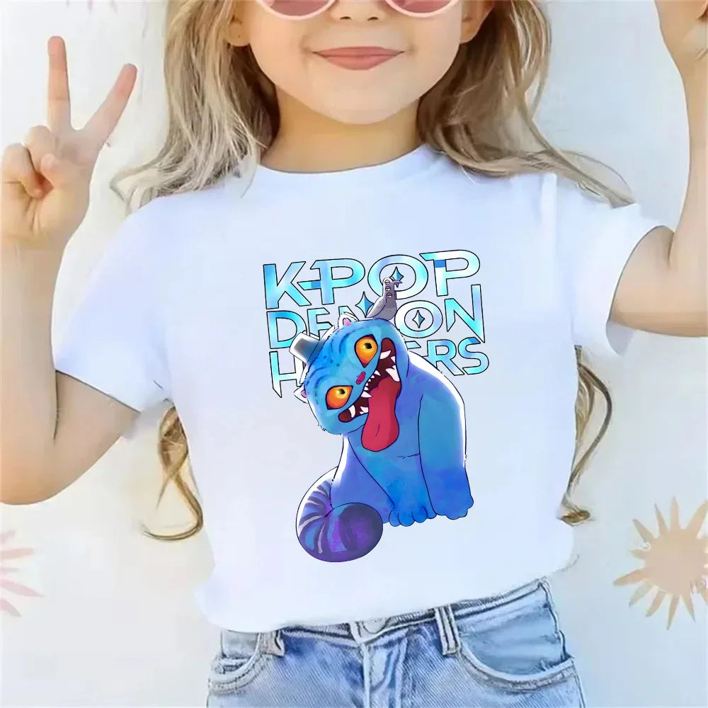 2025 new children's cotton Korean Wave demon hunter printed fashion casual round-neck top movie cartoon girl boy T-shirt