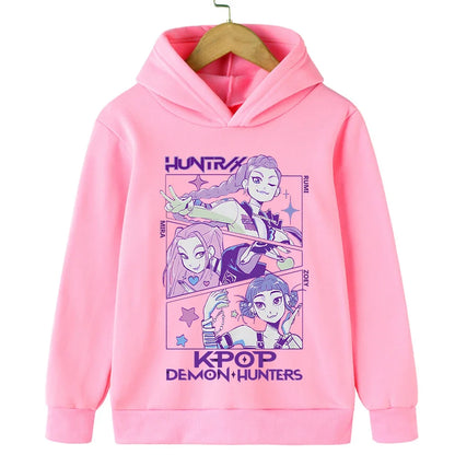 Kids Hoodie with Cartoon Hunters Print - Black Long Sleeve Pullover for Children