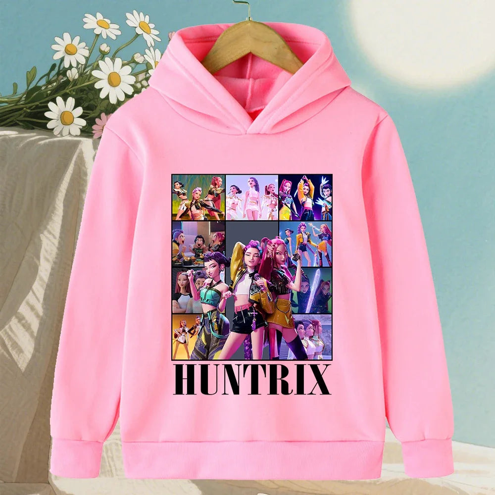 Kids Hoodie with Cartoon Hunters Print - Black Long Sleeve Pullover for Children
