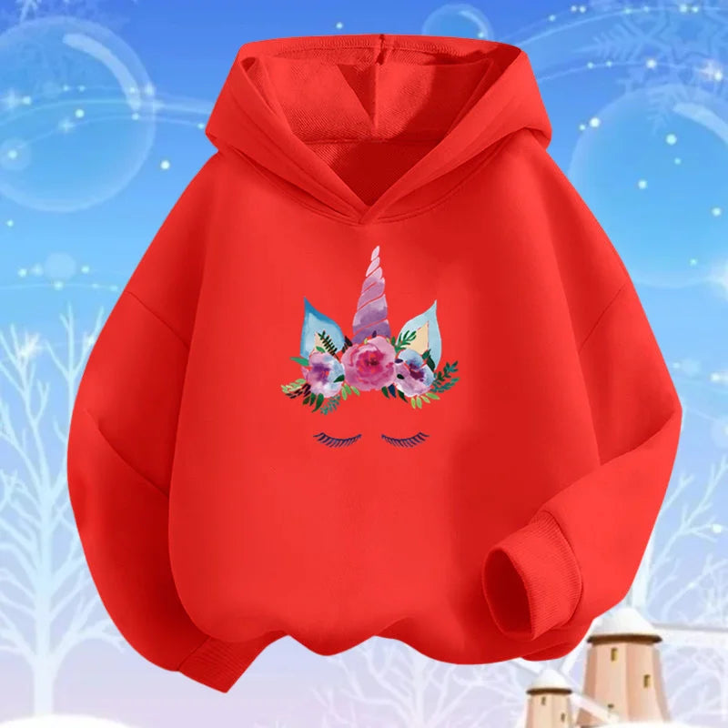 Kids Cartoon Hoodies Beauty Flower Unicorn Hoodey Sweatshirt Girls Fashion Harajuku Thin Basic Coat