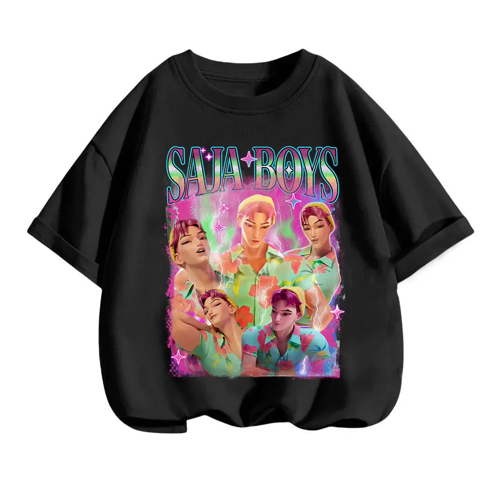 2025 new children's cotton Korean Wave demon hunter printed fashion casual round-neck top movie cartoon girl boy T-shirt