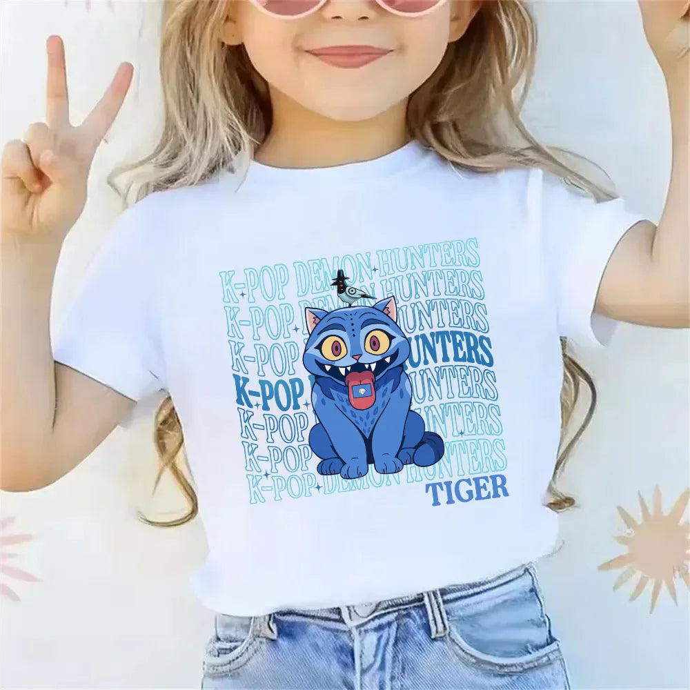 2025 new children's cotton Korean Wave demon hunter printed fashion casual round-neck top movie cartoon girl boy T-shirt