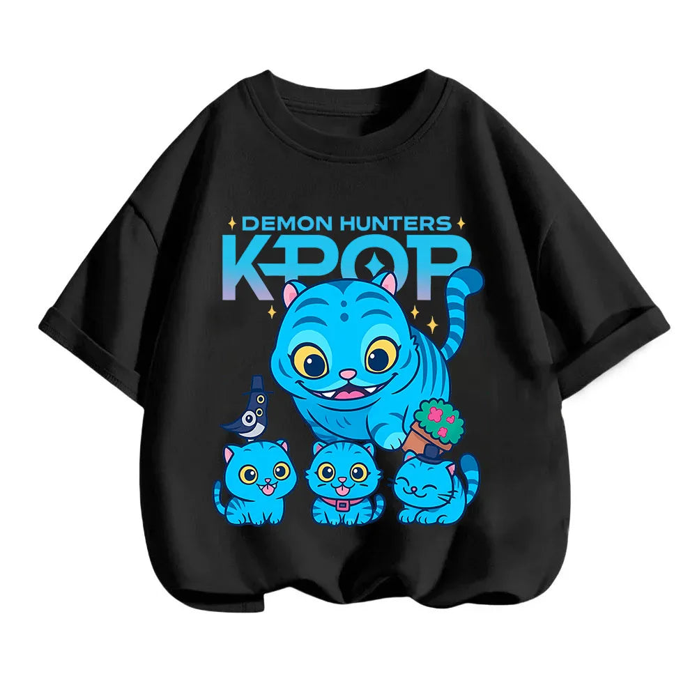 2025 new children's cotton Korean Wave demon hunter printed fashion casual round-neck top movie cartoon girl boy T-shirt