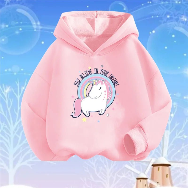 Kids Cartoon Hoodies Beauty Flower Unicorn Hoodey Sweatshirt Girls Fashion Harajuku Thin Basic Coat
