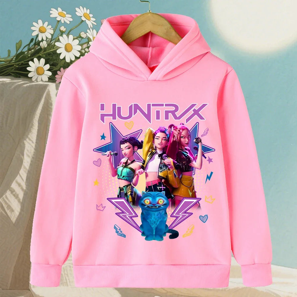 Kids Hoodie with Cartoon Hunters Print - Black Long Sleeve Pullover for Children