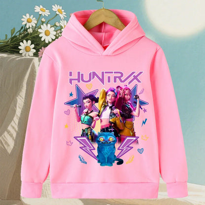 Kids Hoodie with Cartoon Hunters Print - Black Long Sleeve Pullover for Children