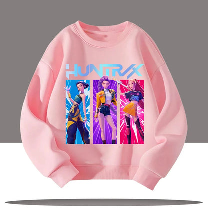 K-pop Demon Hunters New Children's Round-neck Sports Shirt with Cartoon Print - 3-12 Years Old Cute Girl Casual Top