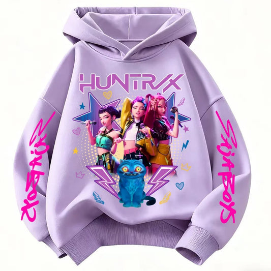 K Pop Demon Hunter Girl's Pink Hooded Trending Streetwear Autumn Cute Anime Baby Pullover Kids Y2K Kawaii Long Sleeved T-shirt Casual Clothes