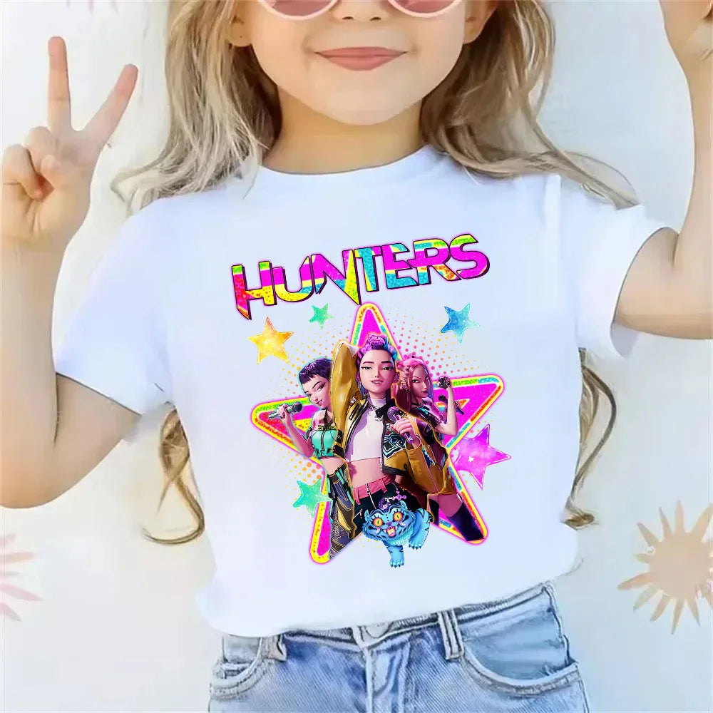 2025 new children's cotton Korean Wave demon hunter printed fashion casual round-neck top movie cartoon girl boy T-shirt