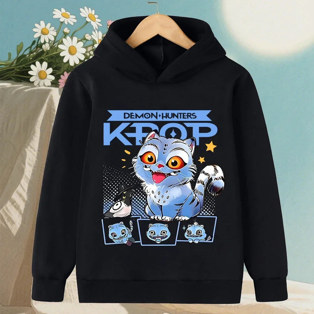 Kids Hoodie with Cartoon Hunters Print - Black Long Sleeve Pullover for Children
